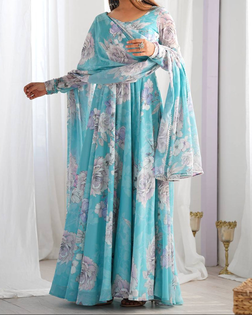 Floral Print Anarkali Gown With Dupatta