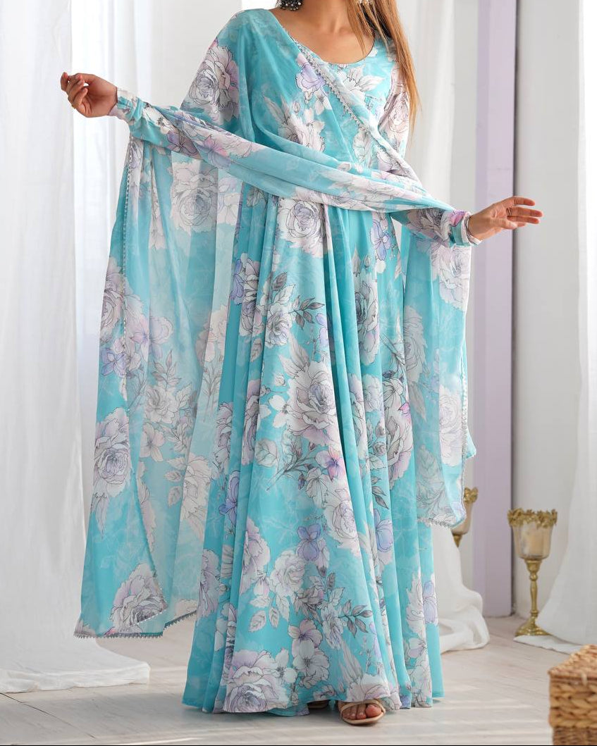 Floral Print Anarkali Gown With Dupatta