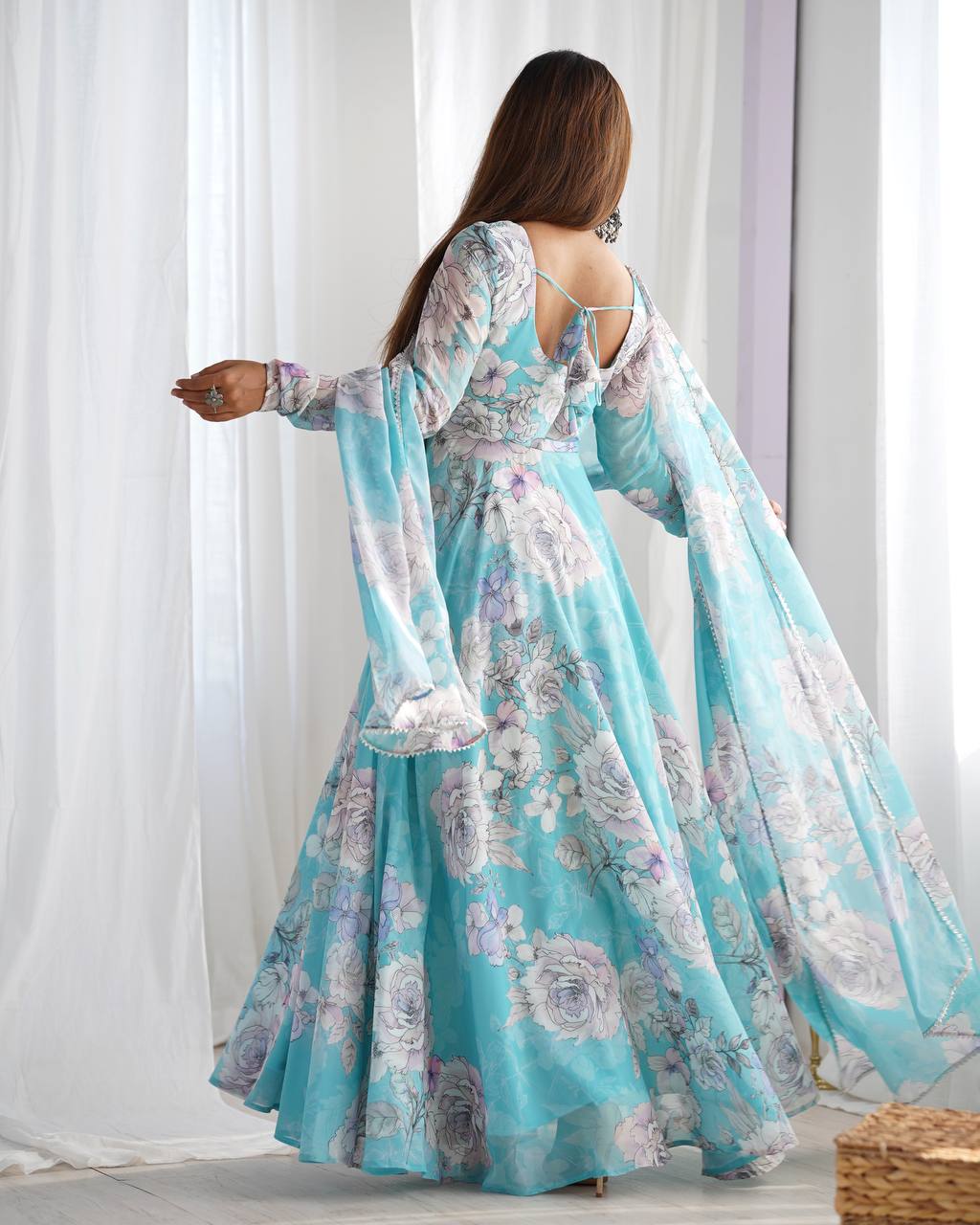 Floral Print Anarkali Gown With Dupatta