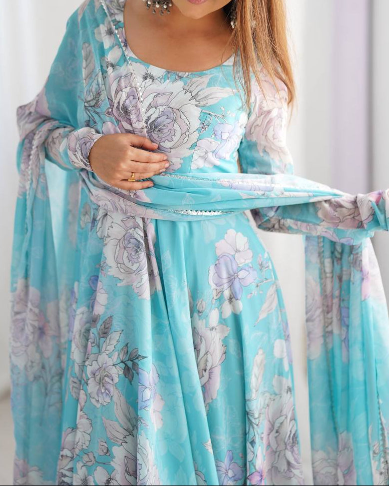 Floral Print Anarkali Gown With Dupatta