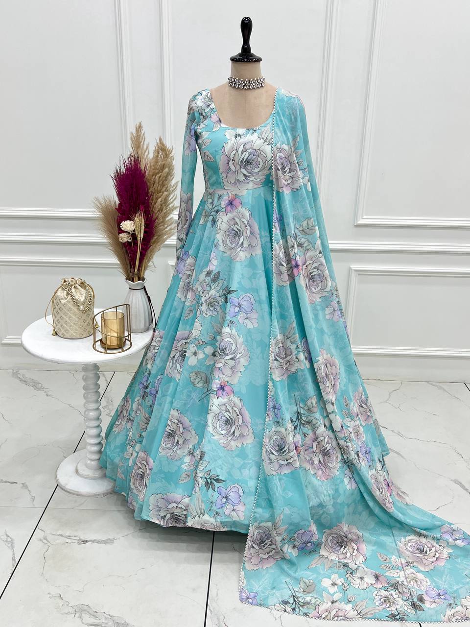Floral Print Anarkali Gown With Dupatta