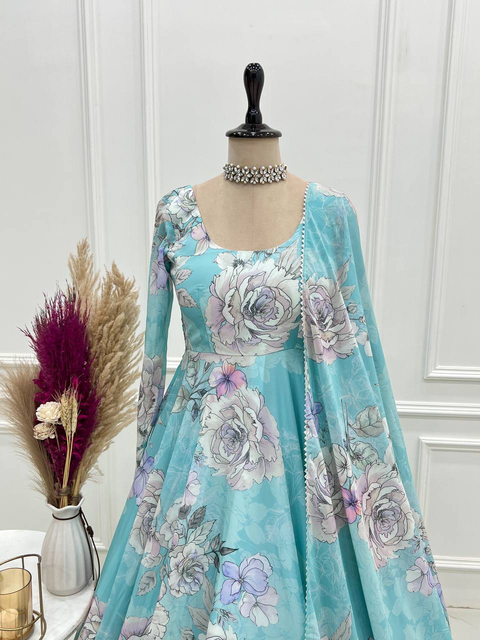 Floral Print Anarkali Gown With Dupatta
