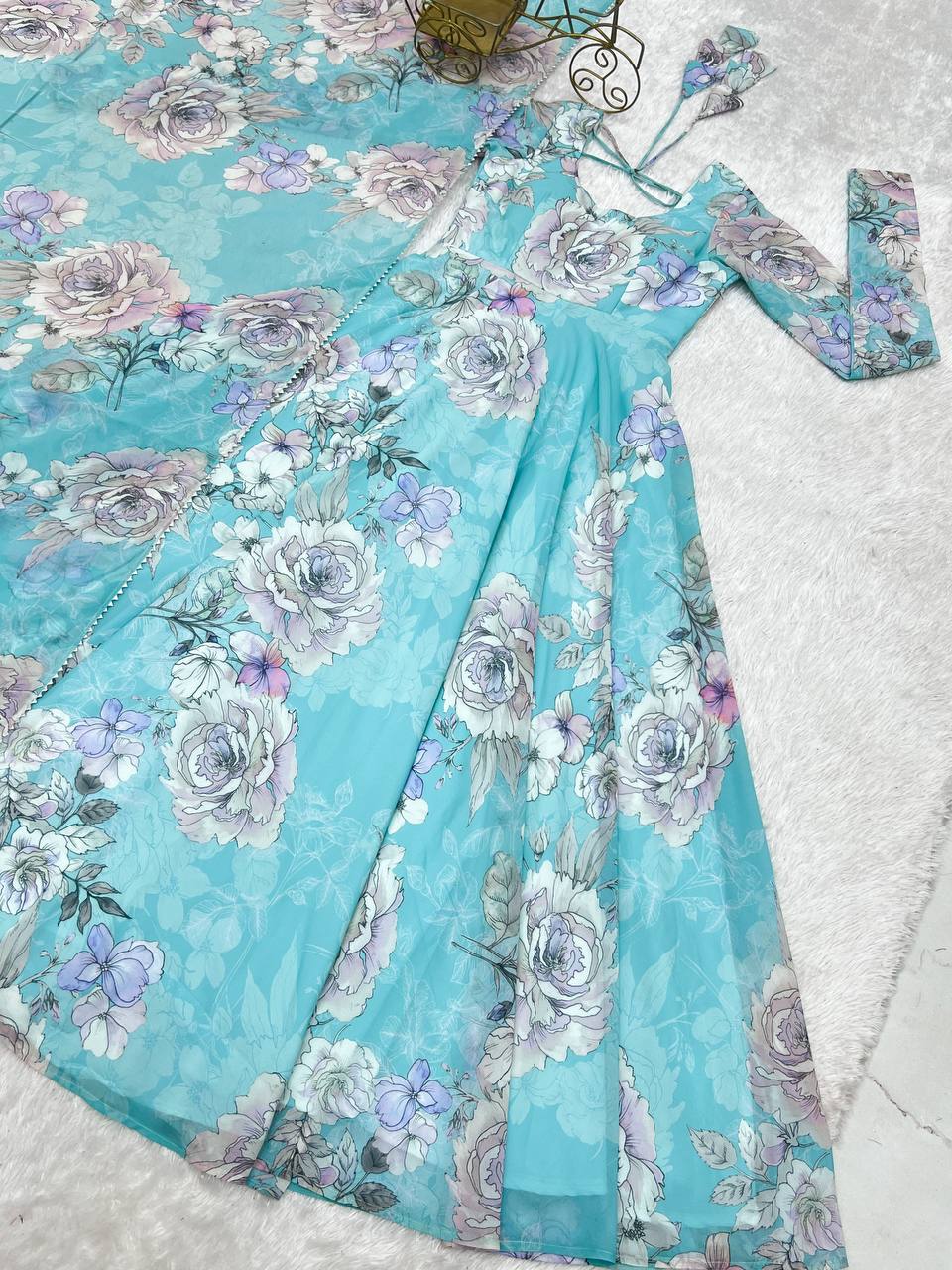 Floral Print Anarkali Gown With Dupatta