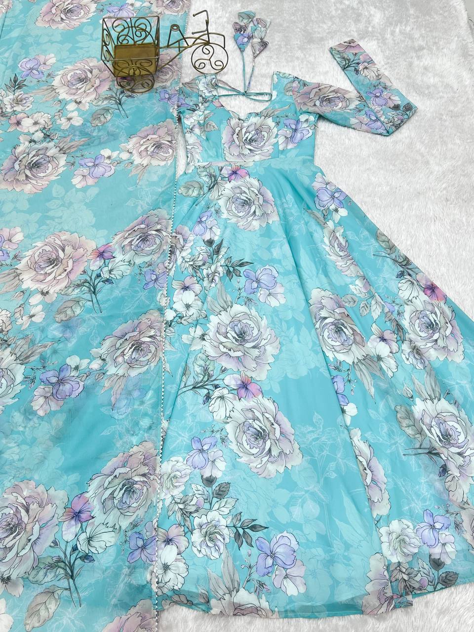 Floral Print Anarkali Gown With Dupatta
