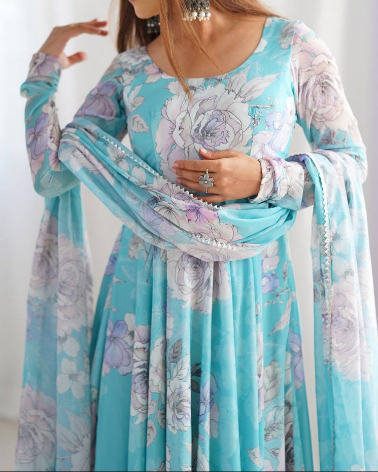 Floral Print Anarkali Gown With Dupatta