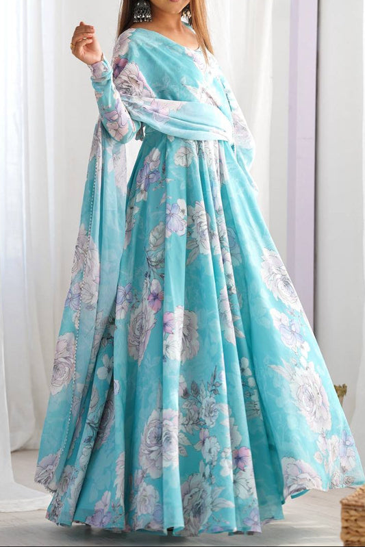 Floral Print Anarkali Gown With Dupatta