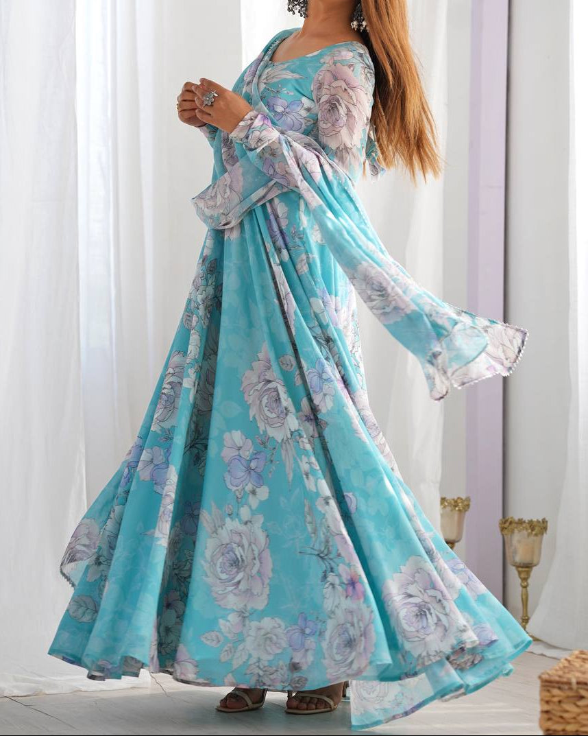Floral Print Anarkali Gown With Dupatta