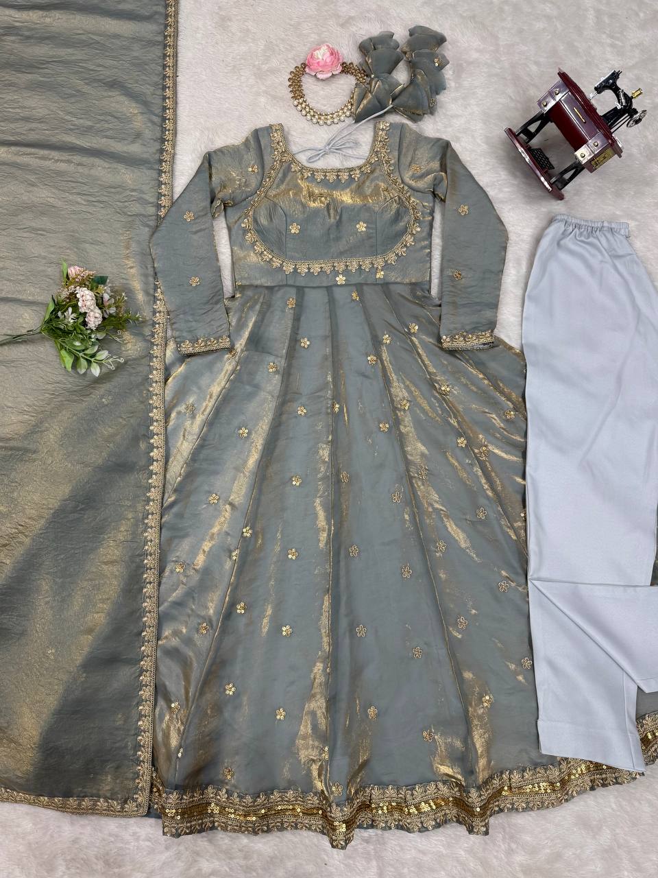 Designer Party Wear Fendy Silk Anarkali Suit Set