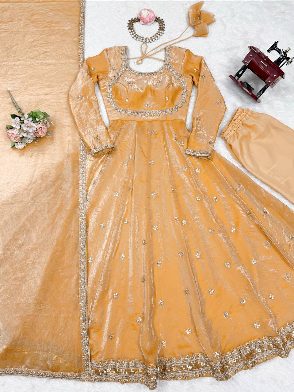 Designer Party Wear Fendy Silk Anarkali Suit Set