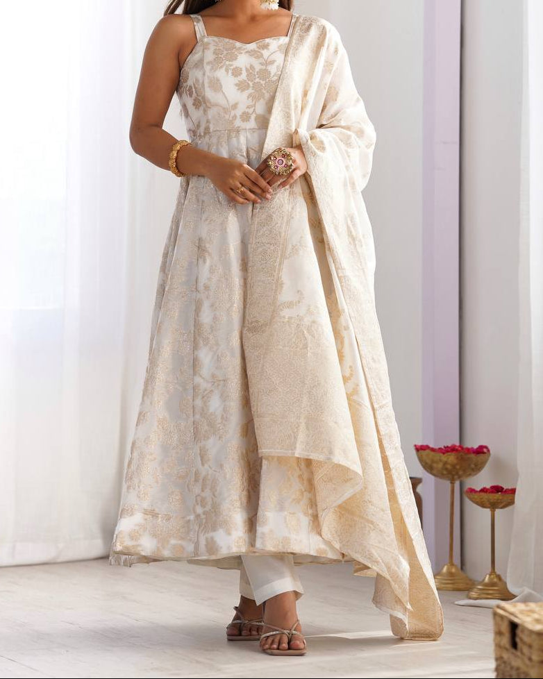 classic banarasi jackquard dola silk fabric Anarkali suit set
