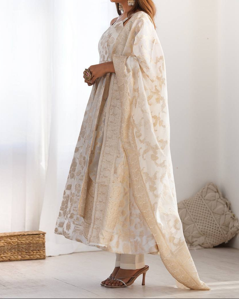 classic banarasi jackquard dola silk fabric Anarkali suit set