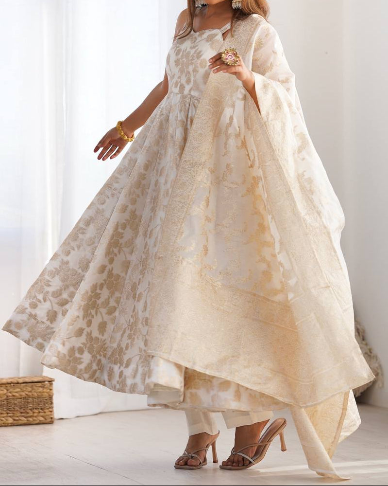 classic banarasi jackquard dola silk fabric Anarkali suit set