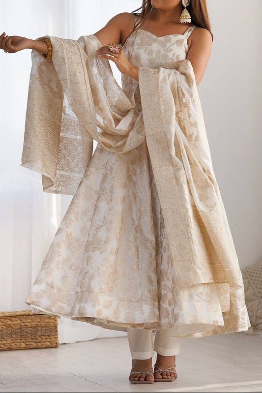 classic banarasi jackquard dola silk fabric Anarkali suit set