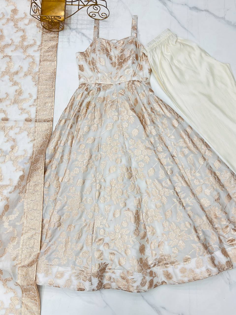 classic banarasi jackquard dola silk fabric Anarkali suit set
