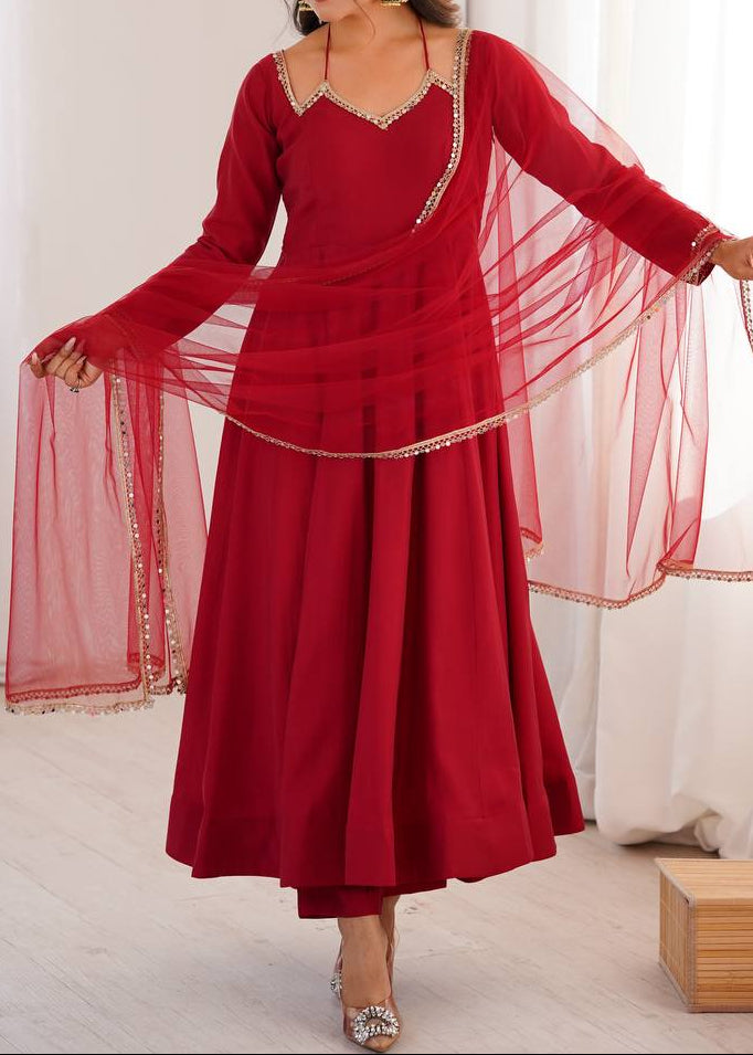 Pure Roman Silk Chanderi Fabric Fully Flare Party wear Anarkali Suit Set