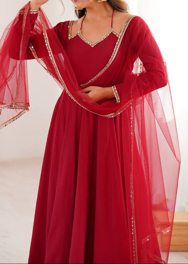 Pure Roman Silk Chanderi Fabric Fully Flare Party wear Anarkali Suit Set