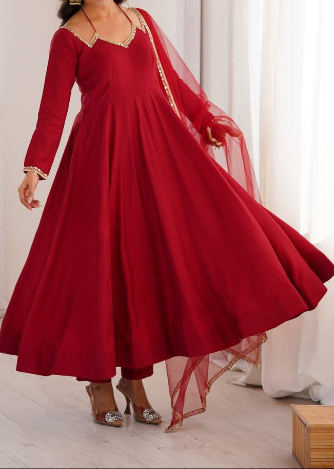 Pure Roman Silk Chanderi Fabric Fully Flare Party wear Anarkali Suit Set