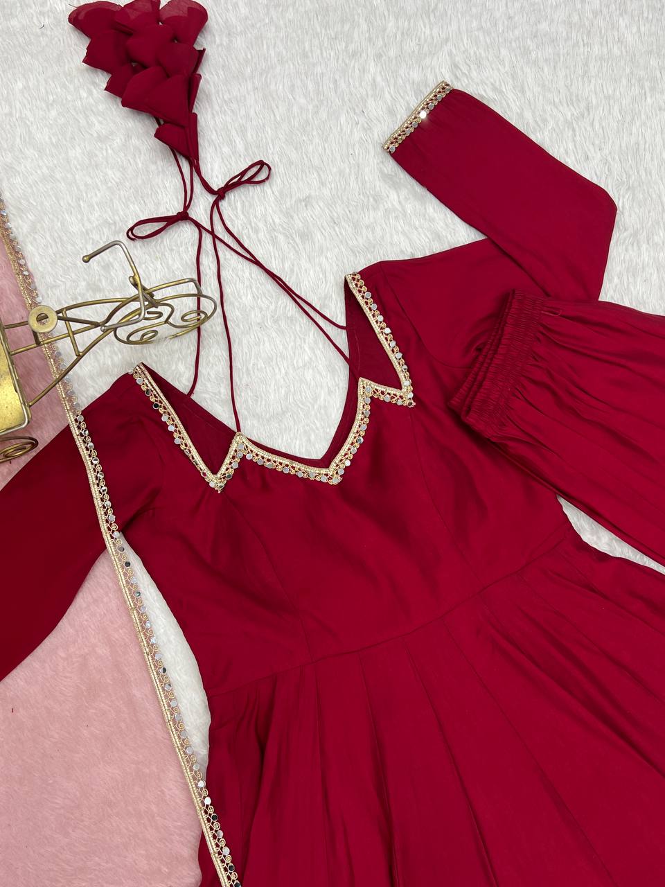 Pure Roman Silk Chanderi Fabric Fully Flare Party wear Anarkali Suit Set