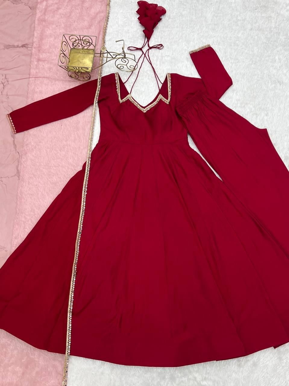 Pure Roman Silk Chanderi Fabric Fully Flare Party wear Anarkali Suit Set