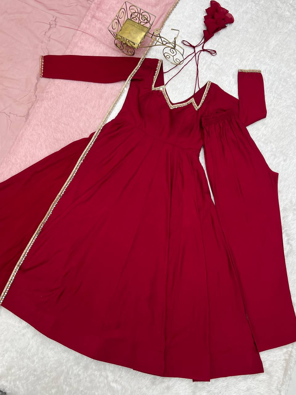 Pure Roman Silk Chanderi Fabric Fully Flare Party wear Anarkali Suit Set