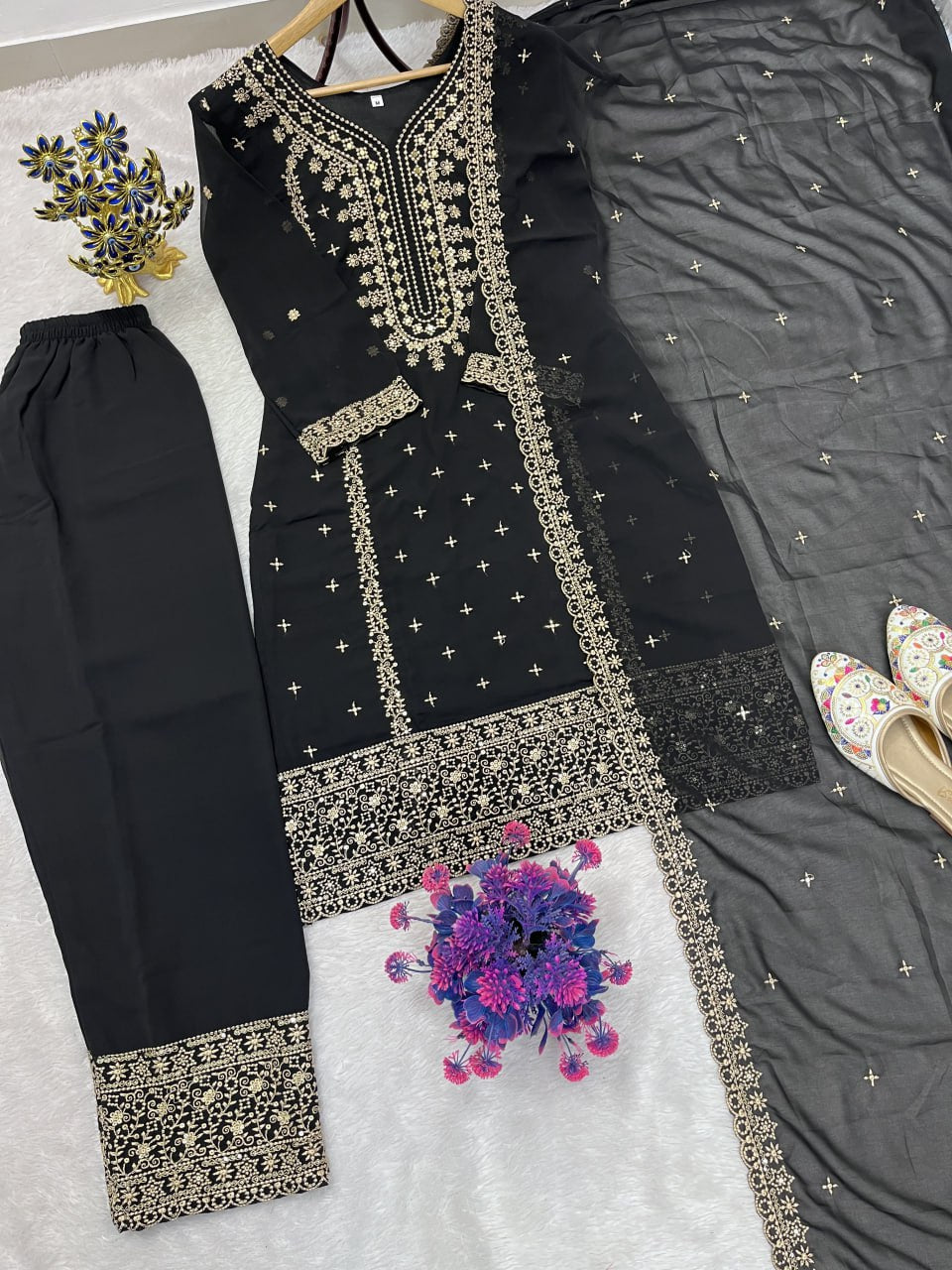 Eid Special Designer Heavy Embroidery & Sequence Work Top Pent With Dupatta Set