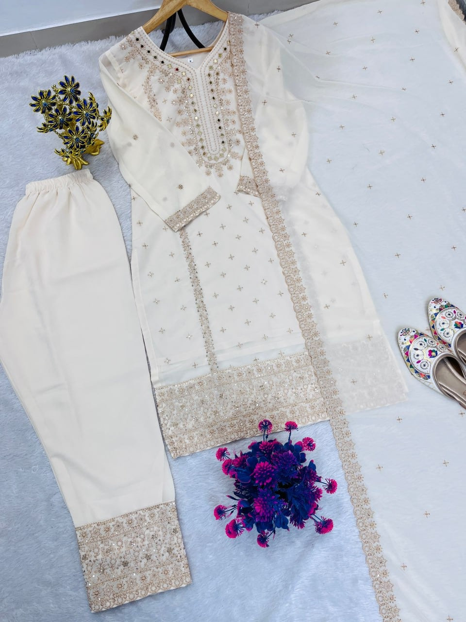 Eid Special Designer Heavy Embroidery & Sequence Work Top Pent With Dupatta Set