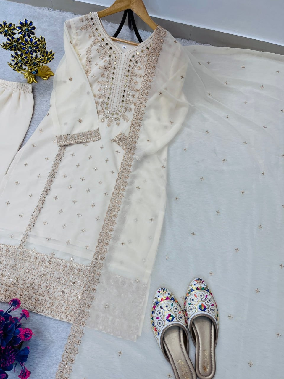 Eid Special Designer Heavy Embroidery & Sequence Work Top Pent With Dupatta Set