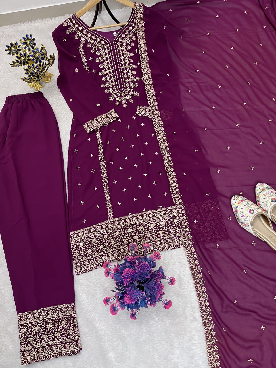 Eid Special Designer Heavy Embroidery & Sequence Work Top Pent With Dupatta Set