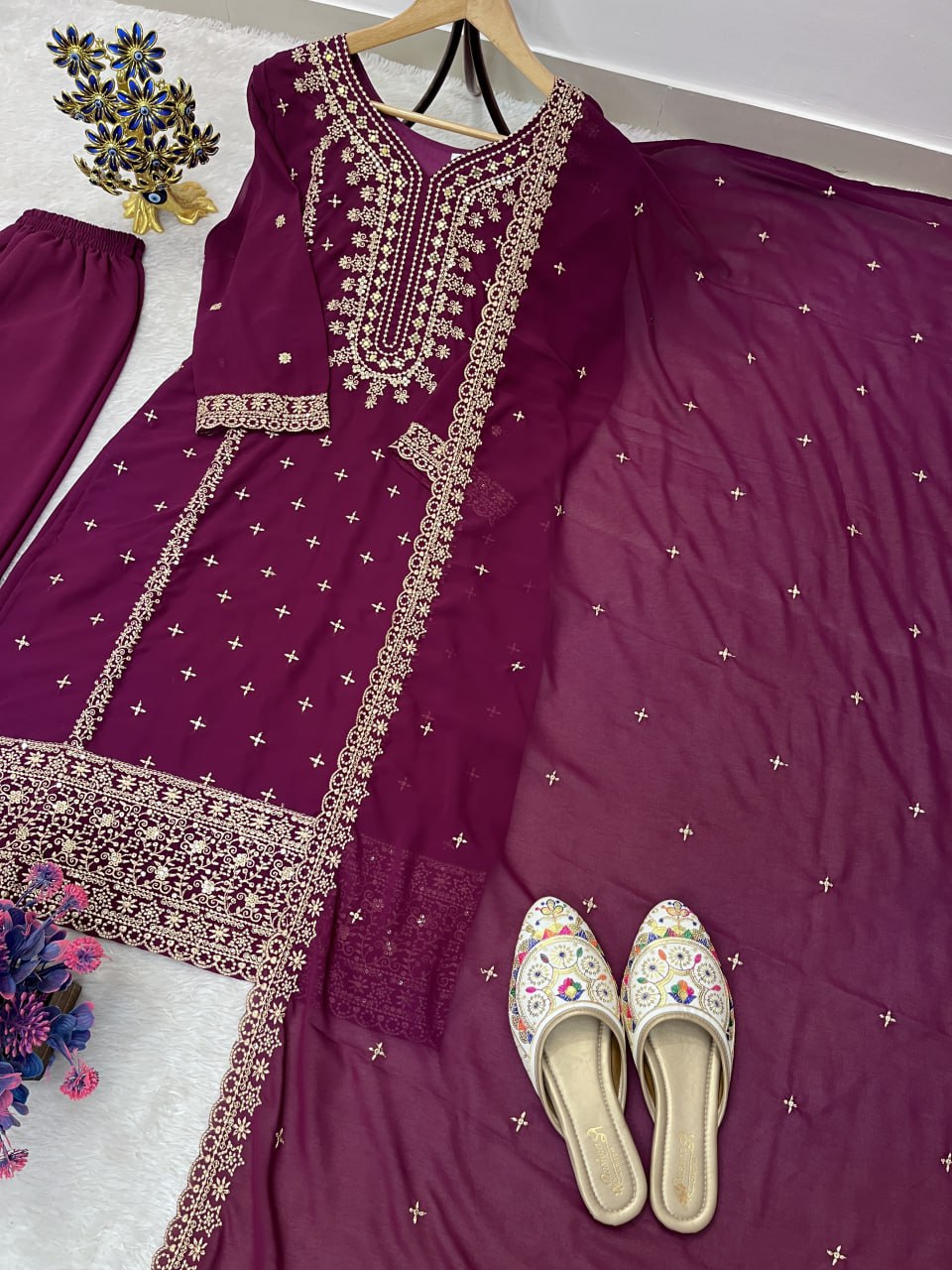 Eid Special Designer Heavy Embroidery & Sequence Work Top Pent With Dupatta Set