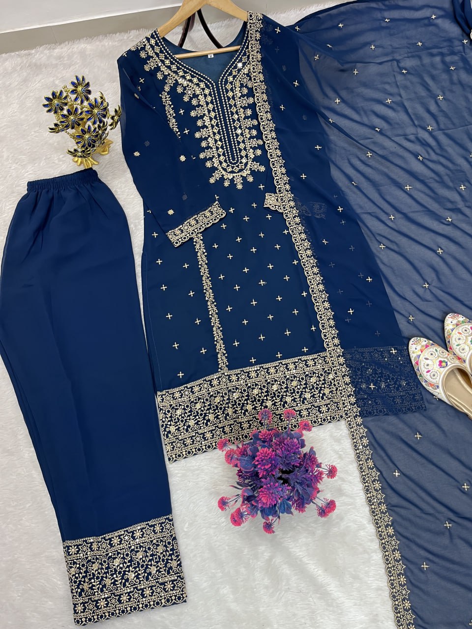 Eid Special Designer Heavy Embroidery & Sequence Work Top Pent With Dupatta Set