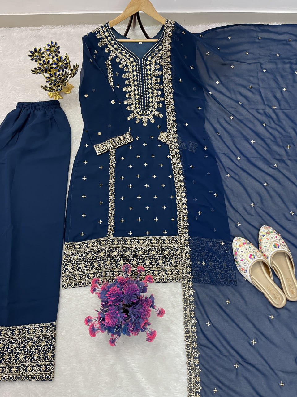 Eid Special Designer Heavy Embroidery & Sequence Work Top Pent With Dupatta Set