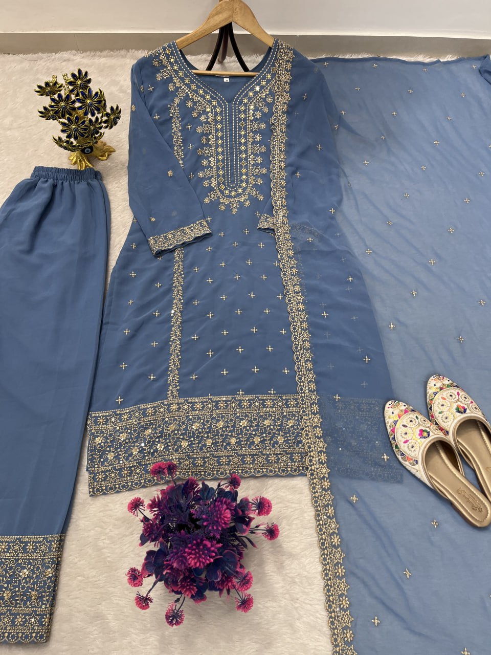 Eid Special Designer Heavy Embroidery & Sequence Work Top Pent With Dupatta Set