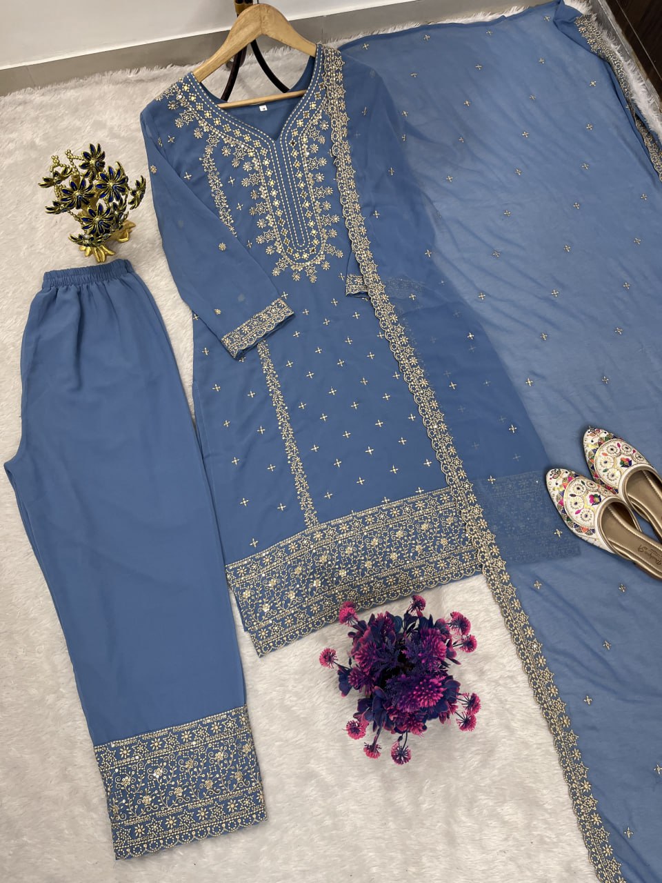 Eid Special Designer Heavy Embroidery & Sequence Work Top Pent With Dupatta Set