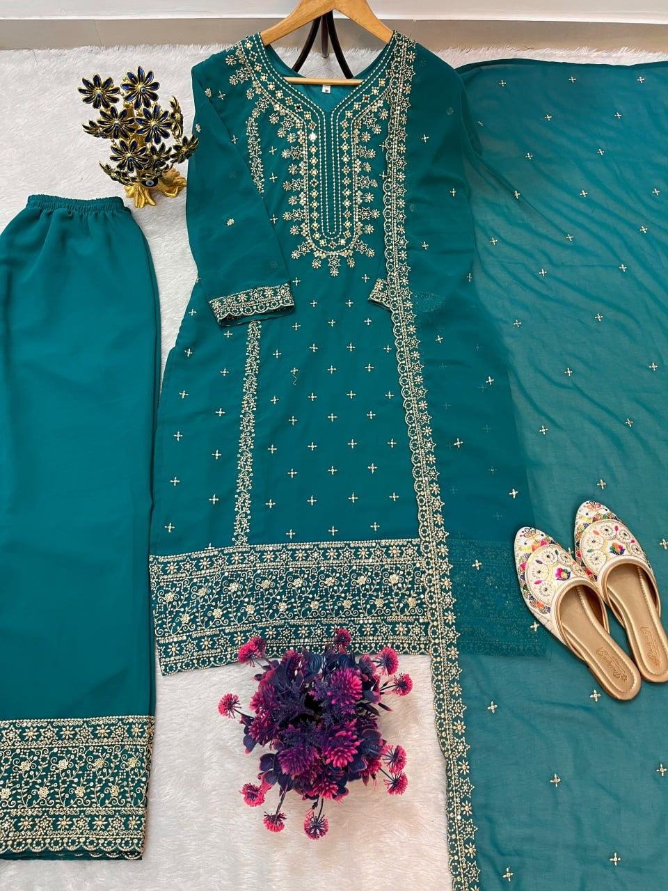 Eid Special Designer Heavy Embroidery & Sequence Work Top Pent With Dupatta Set
