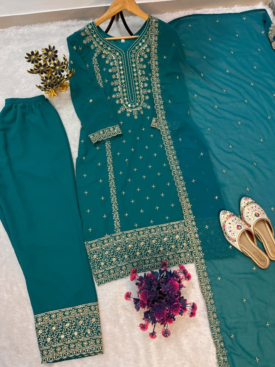 Eid Special Designer Heavy Embroidery & Sequence Work Top Pent With Dupatta Set