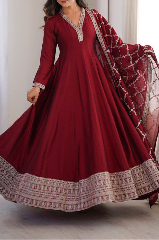 Premium Quality Pure Blooming Vichitra Silk Heavy Flair Gown With Dupatta Set