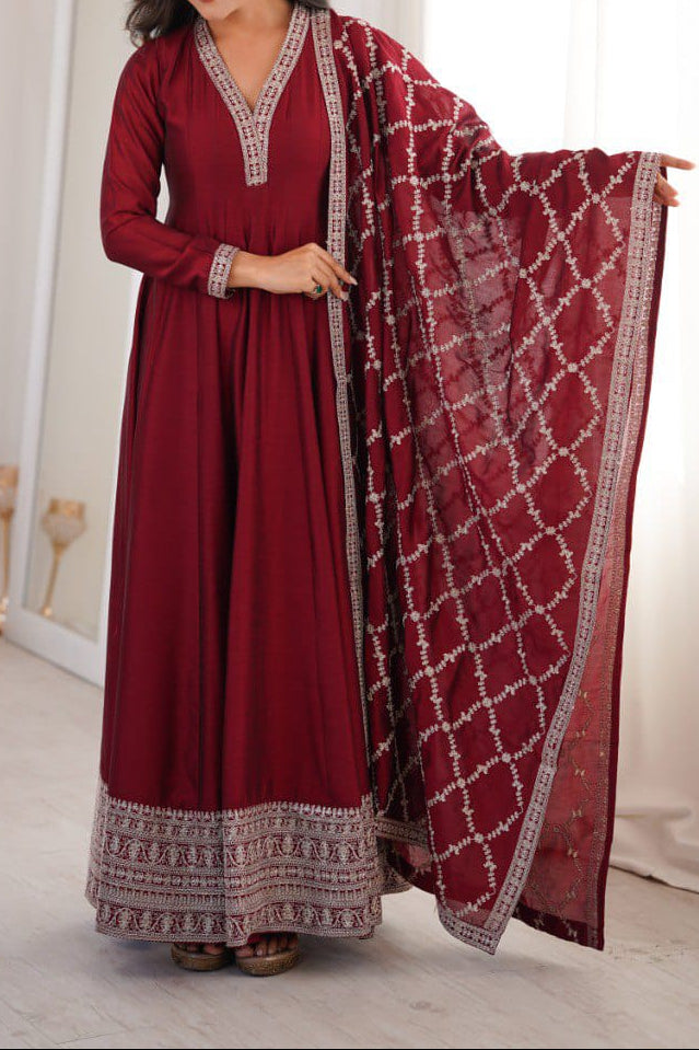 Premium Quality Pure Blooming Vichitra Silk Heavy Flair Gown With Dupatta Set