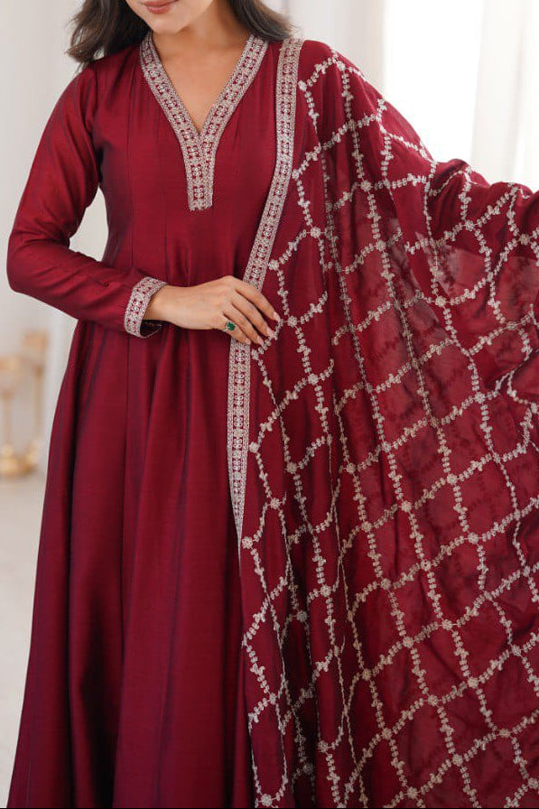 Premium Quality Pure Blooming Vichitra Silk Heavy Flair Gown With Dupatta Set