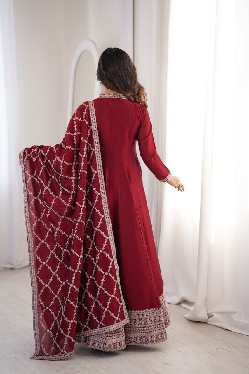 Premium Quality Pure Blooming Vichitra Silk Heavy Flair Gown With Dupatta Set