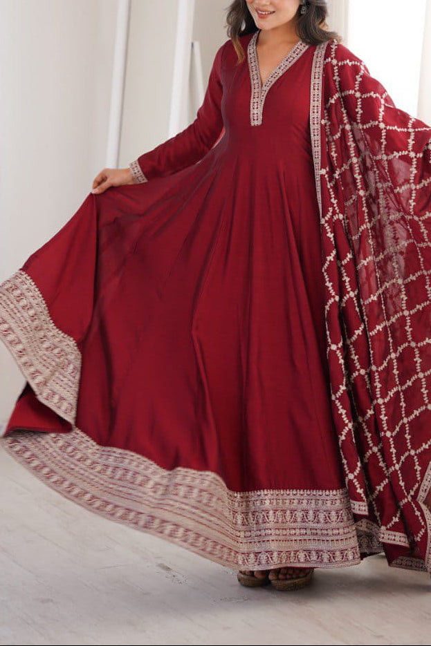 Premium Quality Pure Blooming Vichitra Silk Heavy Flair Gown With Dupatta Set