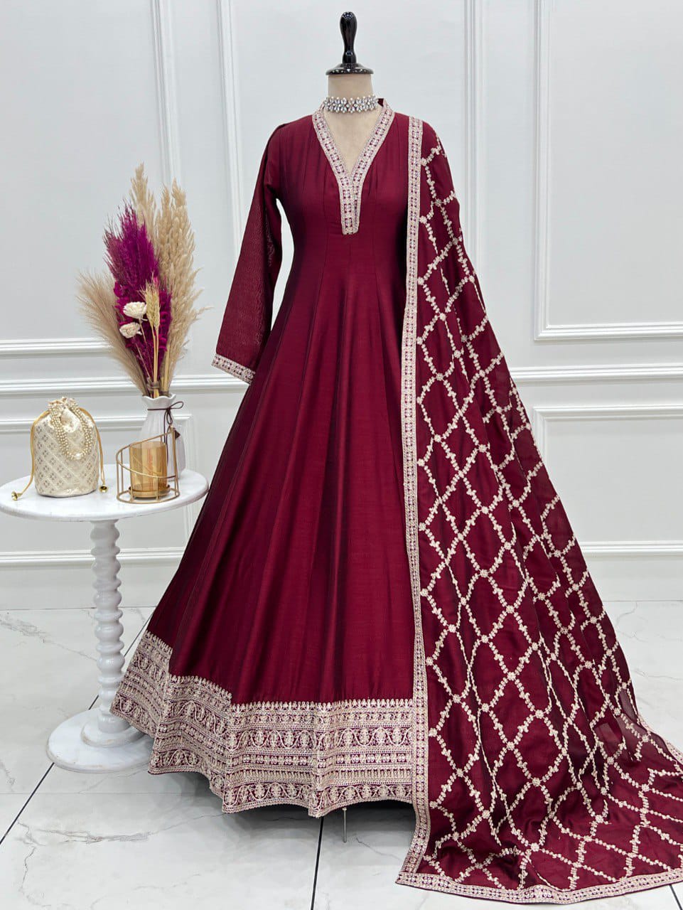 Premium Quality Pure Blooming Vichitra Silk Heavy Flair Gown With Dupatta Set