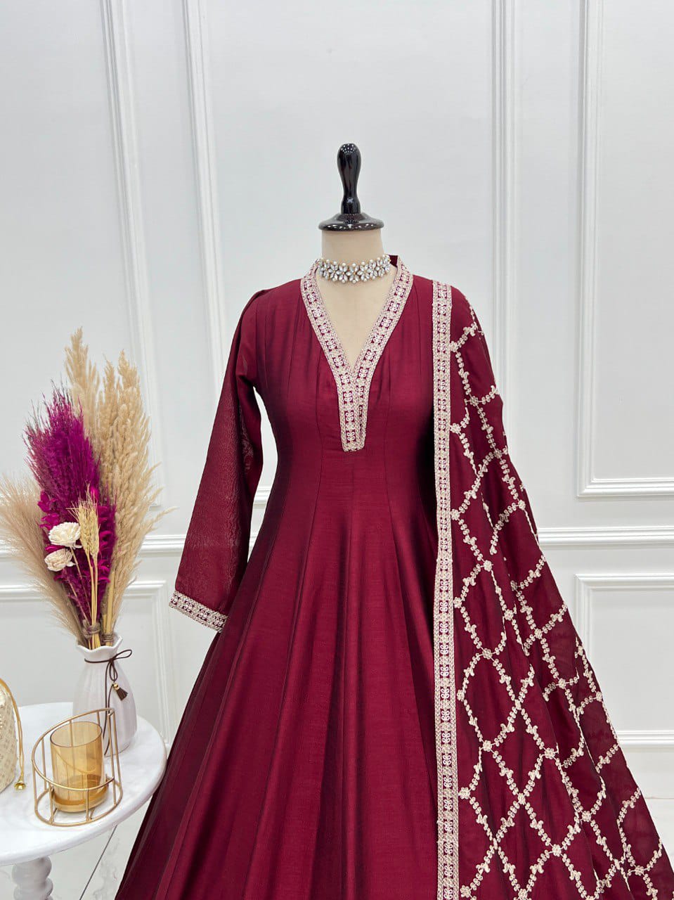 Premium Quality Pure Blooming Vichitra Silk Heavy Flair Gown With Dupatta Set
