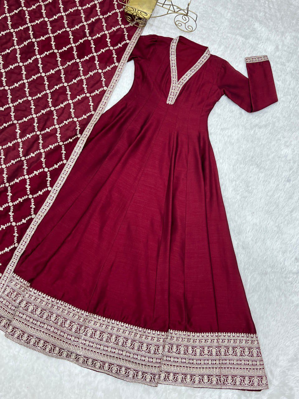 Premium Quality Pure Blooming Vichitra Silk Heavy Flair Gown With Dupatta Set