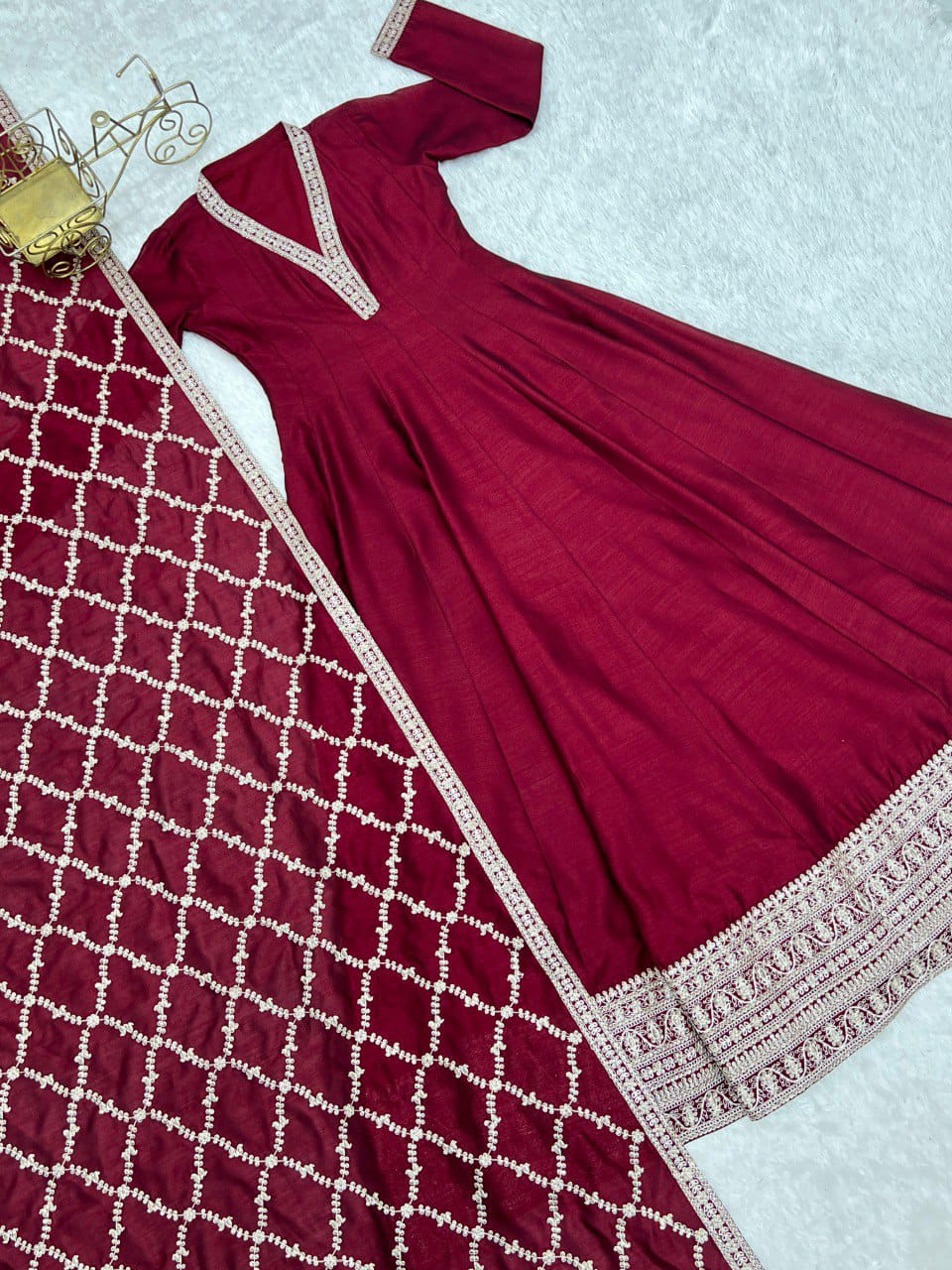 Premium Quality Pure Blooming Vichitra Silk Heavy Flair Gown With Dupatta Set