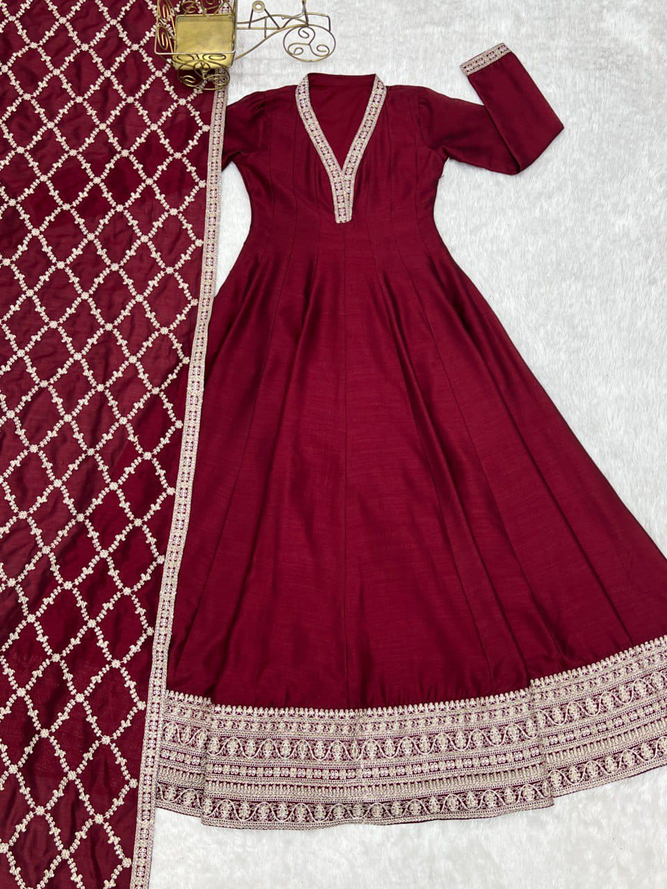 Premium Quality Pure Blooming Vichitra Silk Heavy Flair Gown With Dupatta Set