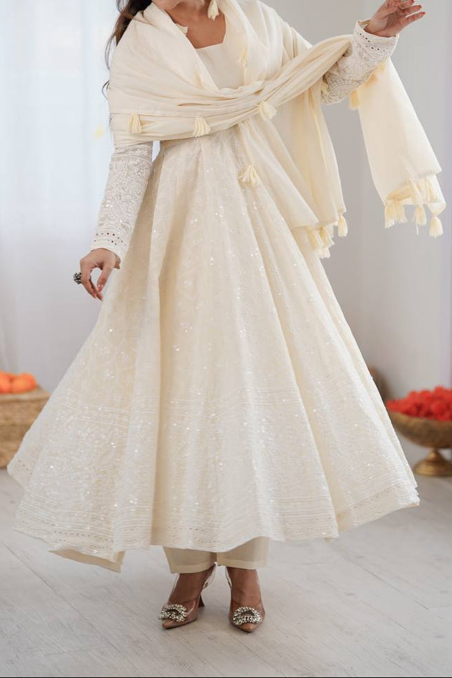 Party Wear Pure Kora Cotton Schiffli Work 3 Piece Set Anarkali Set