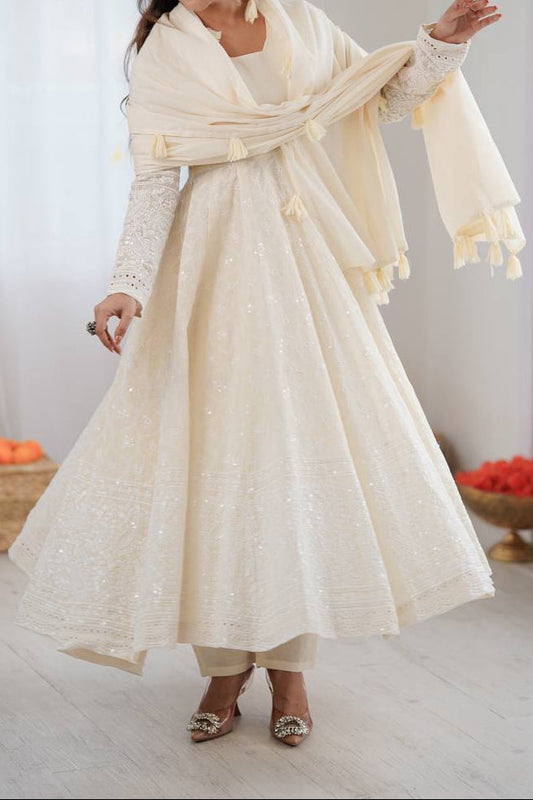 Party Wear Pure Kora Cotton Schiffli Work 3 Piece Set Anarkali Set
