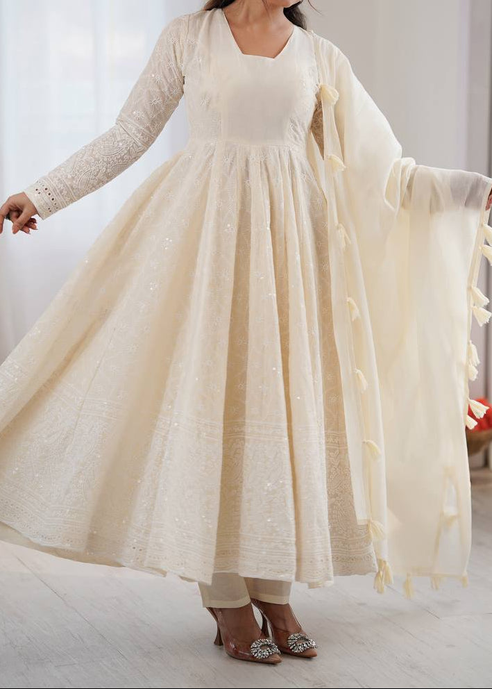 Party Wear Pure Kora Cotton Schiffli Work 3 Piece Set Anarkali Set