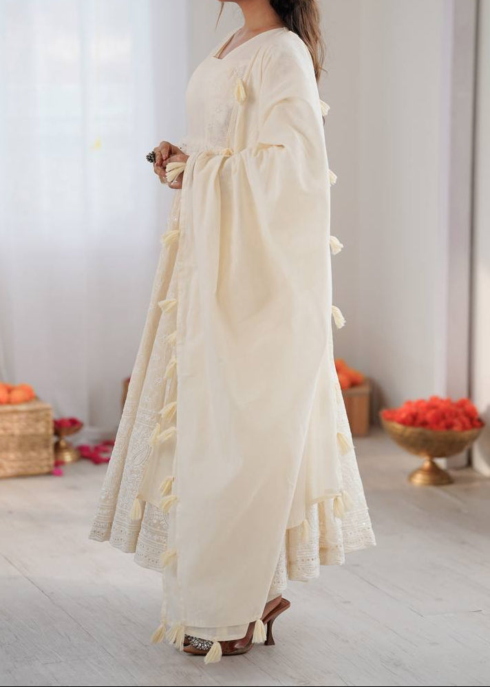 Party Wear Pure Kora Cotton Schiffli Work 3 Piece Set Anarkali Set