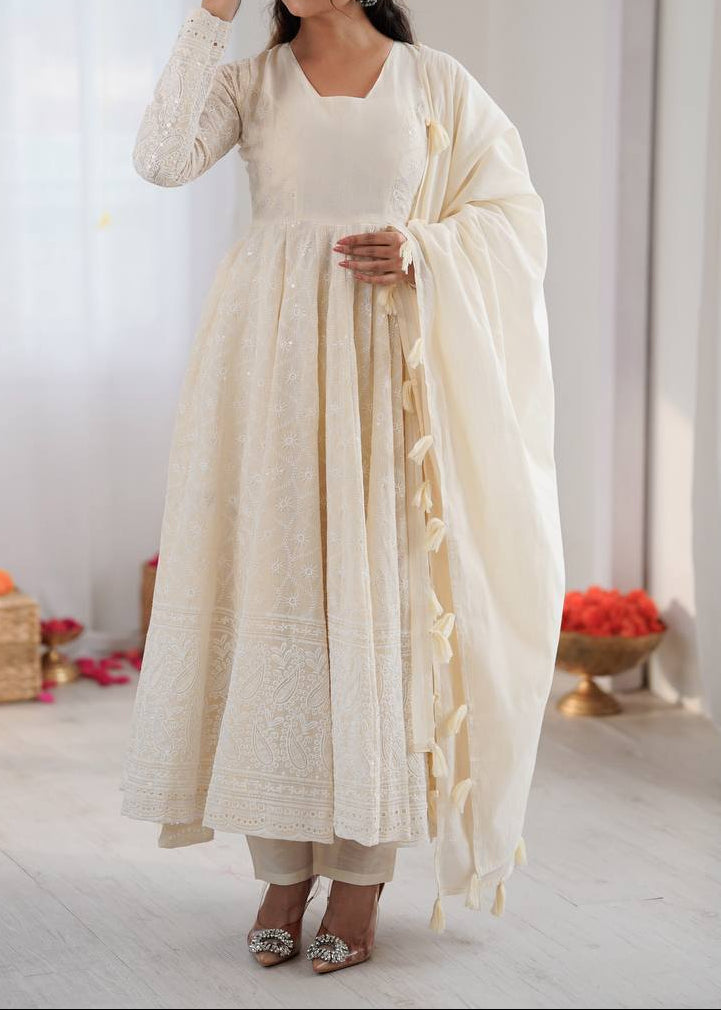 Party Wear Pure Kora Cotton Schiffli Work 3 Piece Set Anarkali Set